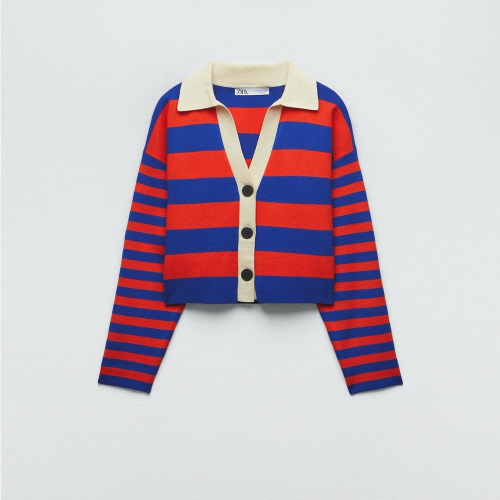 ZARA Striped Knit Polo Cardigan - Medium